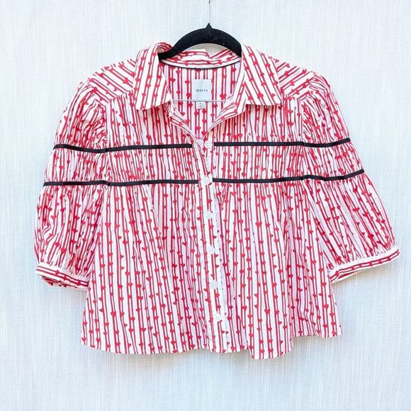 NWT Maeve Anthropologie The Leandra Shirred Yoke Striped Hearts Blouse, size M - Picture 1 of 6